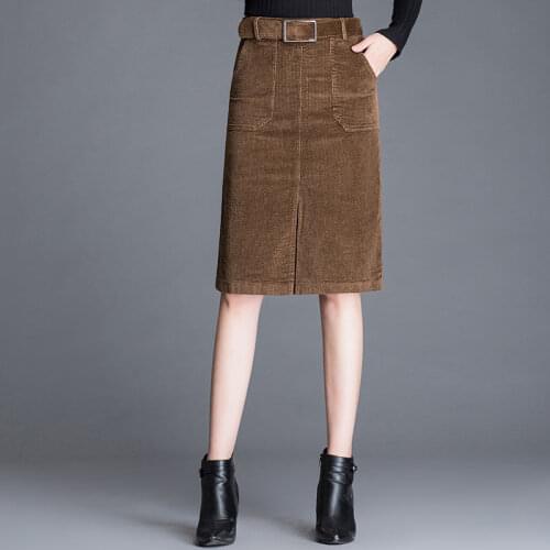Women 2020 Autumn Winter New Fashion Cotton Corduroy Solid Minimalism Retro Skirt Female High Waist Midi Skirts Slim Faldas S255