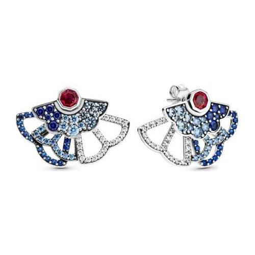 2020 Autumn New 925 Sterling Silver Pave Earrings Blue Fan Stacking Hollow Stud Earrings Women Birthday Gift Fashion Jewelry