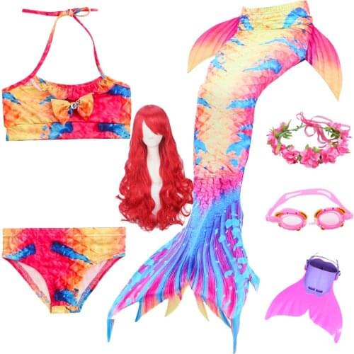 Girls Mermaid Tails For Swimming Fin Swimsuit Bathing Suit Tail Mermaid Party Wig Costume for Girls Gift Can Add Flipper Monofin