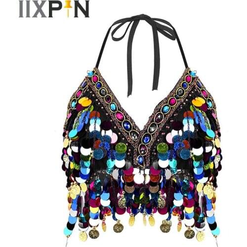 Women belly dance Bra Top Beaded Glitter Circle Tassels Halter Neck Back Tie Up Padded Salsa Belly Dance Boho Tribal Crop Top