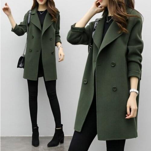 Autumn winter Solid Color Wool Long Coat Women Loose Casual Long Sleeve Sashes Outerwear Double Breasted Chic Ladies Overcoat