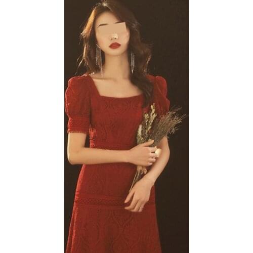 2021 New Summer Short Burgundy Mermaid Lace Elegant Knee-length Dress Round Neck High-quality Heavy Industry Enhance temperament