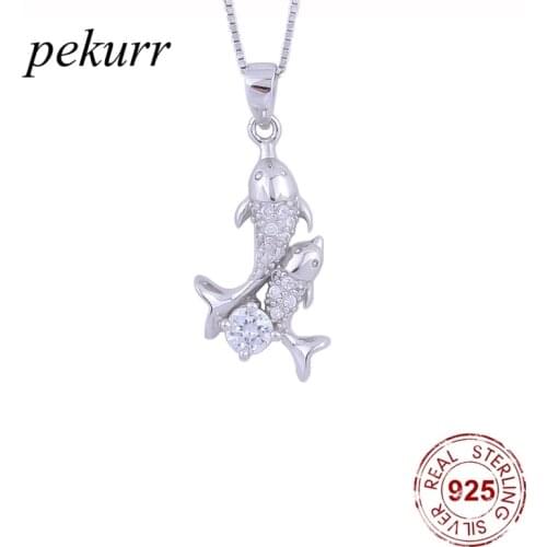 Pekurr 925 Sterling Silver Couple Zircon Dolphin Fish Necklaces For Women Crystal Elegant Pendants Wedding Fashion Jewelry