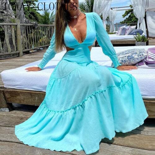 Women Long Sleeve Cutout Puff Sleeve Plunge Dress Maxi Elegant Chic Dresses