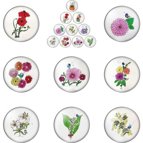 New Watercolour Flowers Birds Painting 10pcs Mixed 12mm/20mm/25mm/30mm Round Photo Glass Cabochon Demo Flat Back Making Findings