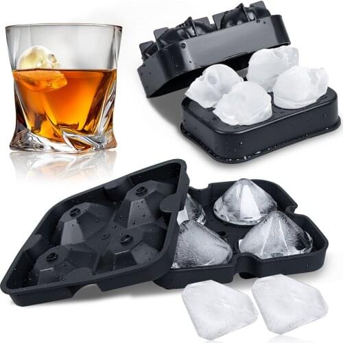 2pcs Ice Cube Tray 3D Skull Diamond Silicone Mold 4-Cavity DIY Ice Maker bag Household Use Cool Whiskey Wine Kitchen Tools