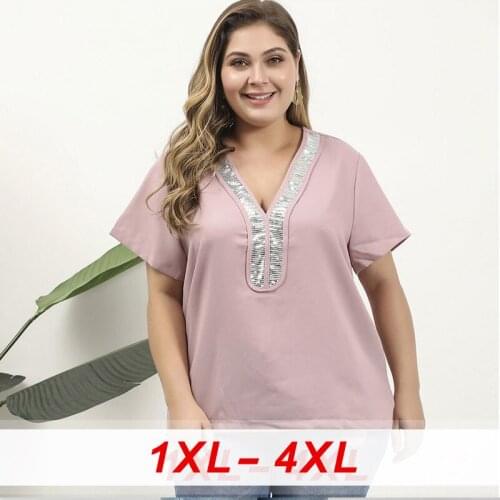 2020 Women s T Shirt Plus Size Summer V Neck for Female Oversized T Shirt Sequined Office Fat Elegant Clothes Lady Tops