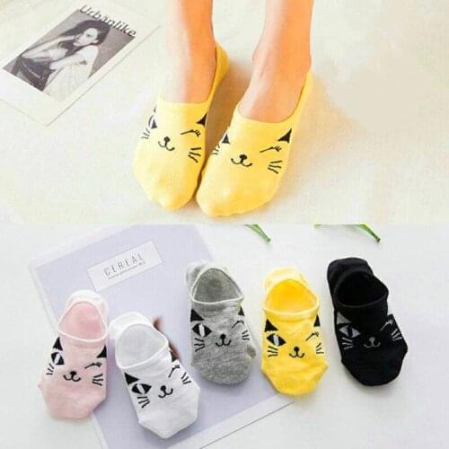 5 pairs of cute animal socks, womens summer breathable Korean cat, girls' fun invisible socks, low cut ankle socks happy Sox