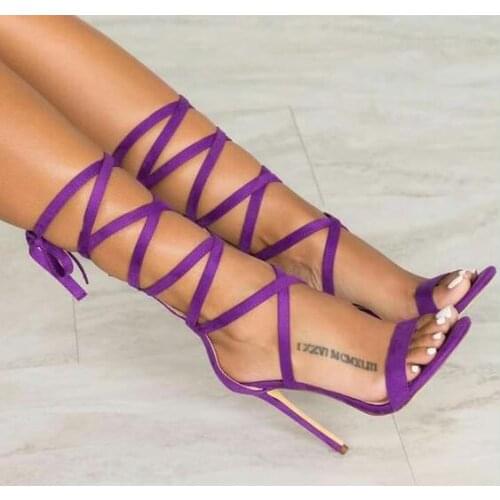 Summer Cheap High Quality Women Purple Yellow Solid Thin Heels Cross Lace Up 100 mm Party Sexy Sandals High Heels Big Size 42
