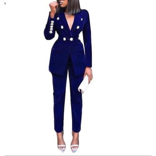 Work Pant Suits OL 2 Piece Set for Women Business interview suit set uniform Navy Blue Buttons Pants and Blouse Office Lady suit