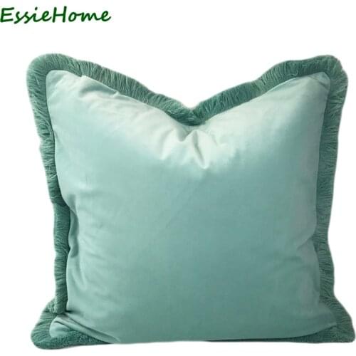 ESSIE HOME Luxury Velvet Tassel Trim Cushion Cover Pillow Case Light Green Cotton Matte Velvet Pillow Decor Pillow