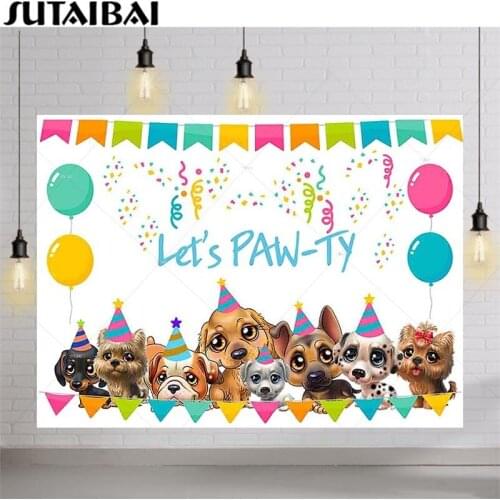 Cartoon Cute Dogs Party Backdrop Photography Balloon Flag Deor Family Kids Birthday Party Photo Background Photocall Photophone