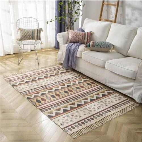Retro Boho Morocco Hand Woven Cotton Carpet Linen Carpet Home Living Room Geometric Pattern Indian Rug With Tassel Bedside Rug