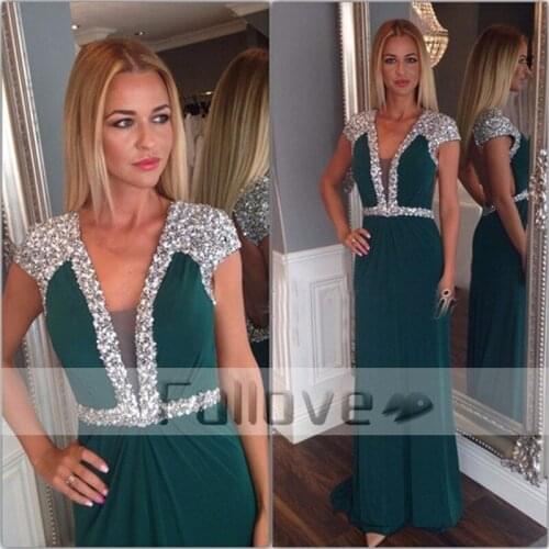 Emerald Green Crystal Evening Dress Long 2019 Short Sleeve Backless Formal Prom Party Dresses Robe De Soiree Abendkleider Kaftan