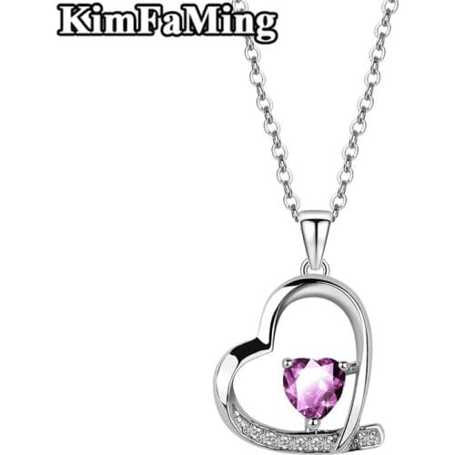 High Quality Women Sterling Silver Heart Pendant Necklaces Jewelry with Amethyst Color CZ Gift Birthday GP056
