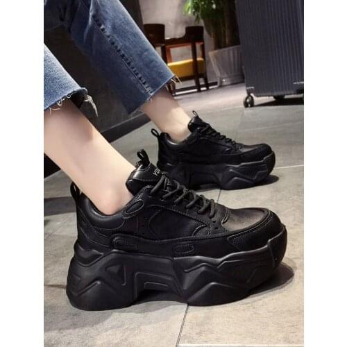 Women Platform Sneakers Leather Casual Ladies Chunky Shoes 2021 White Woman High Black Fashion Brand Thick Soled Wedge Sneakers