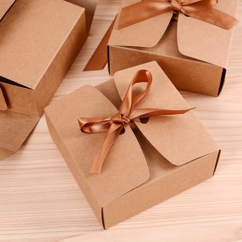 Square Kraft Paper Box Cardboard Package Valentines Day Gift Cookies Candy Storage Boxes With Ribbons 1 Pcs