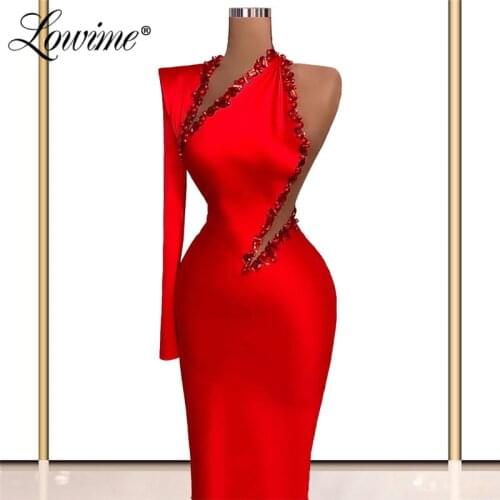 Lowime Robes Beading Red One Shoulder Evening Dresses Saudi Arabia Customized Dubai Plus Size Formal Reception Dress Middle East