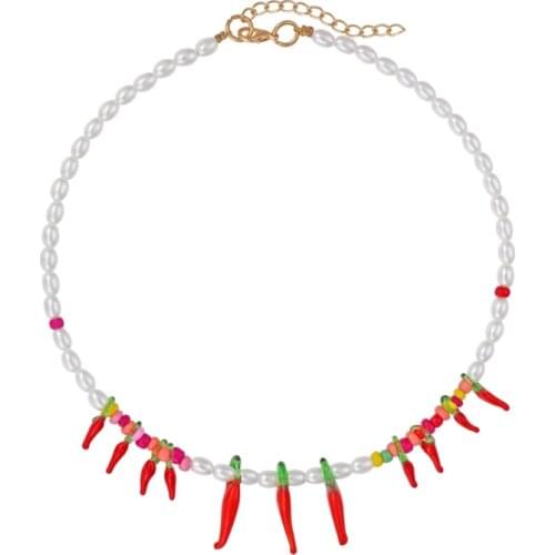 Fashion Manual Stitching Red Chili Pepper Pearl Necklaces Beads Handmade Pearls Retro Choker Jewelry Gift Necklaces for Women