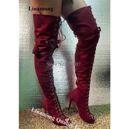 Linamong Fashion Peep Toe Suede Leather Over Knee Stiletto Heel Gladiator Boots Lace-up Wine Red Long High Heel Boots Dress Shoe