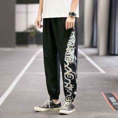 S-5XL Cotton Linen Harem Pants Plus Size Men Chinese Dragon Cuffed Leg Trousers Casual Vintage Long China Traditional Pants 2021