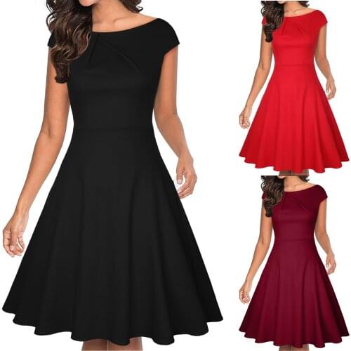 Fashion Dress Womens Short Sleeve Elegant A-Line Party Wedding Guest Swing Cocktail Dress Ladies Sleeveless Retro Slim Dress