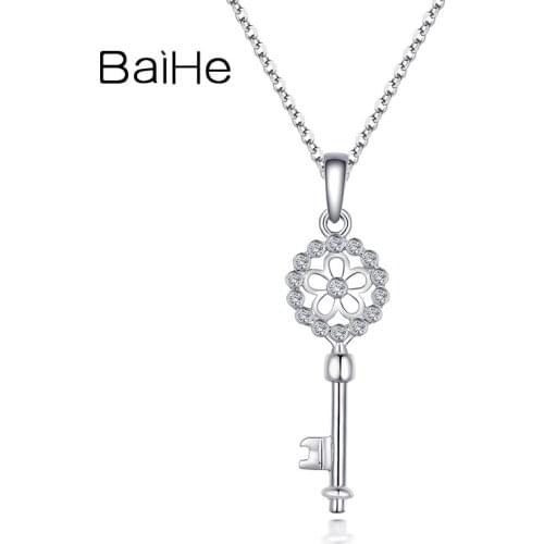 BAIHE Genuine Platinum 950 key pendant + platinum 950 Chain H/SI Natural Diamonds Key Necklaces Women Trendy Anniversary Gift