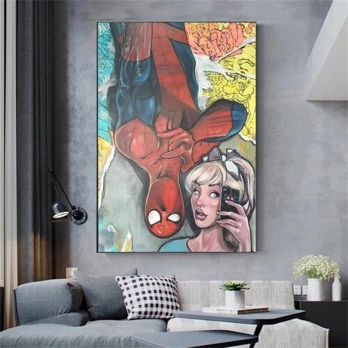 Marvel Comics Art Canvas Poster Spiderman and girl selfie Funny Cuadros Wall Pictures Living Room Decoration Mural Frameless