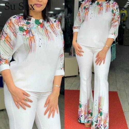 Casual Two Piece Set Women Outfits Plus Size Print 2 Piece Set O-Neck Top&Flare Pants Sets Tracksuit African Clothes Dashiki