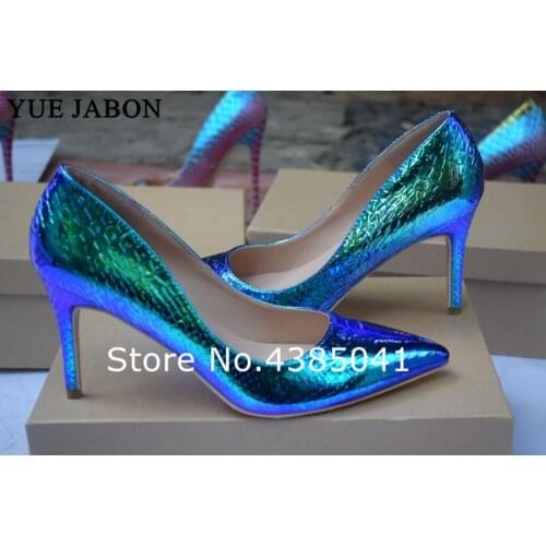 Real Photos Women Shoes Blue Snake Printed Sexy Stilettos High Heels 12cm/10cm/8cm Pointed Toe Women Pumps YUE JABON