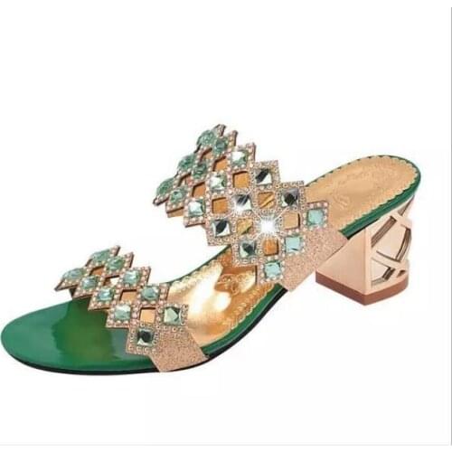 Women Shining Summer Sandals Thick Heel Platform Wedges Sandals Sexy Beading Slippers Sandalias Slides gold Black Green High