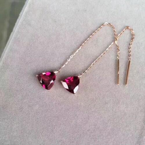 Simple style natural garnet drop earring 18K rose gold triangle tiny diamond fashion women jewelry free shipping