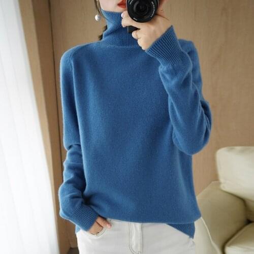 Turtleneck sweater womens 100% pure wool 2020 autumn and winter new loose short pullover knitted pullover sweater