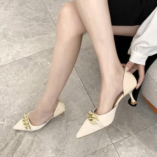 Women Fashion High Heel Shoes Female Metal Chain Pointed Toe Luxury Design Shoes Elegant Slip On Office Outdoor Dress Shoes 2021