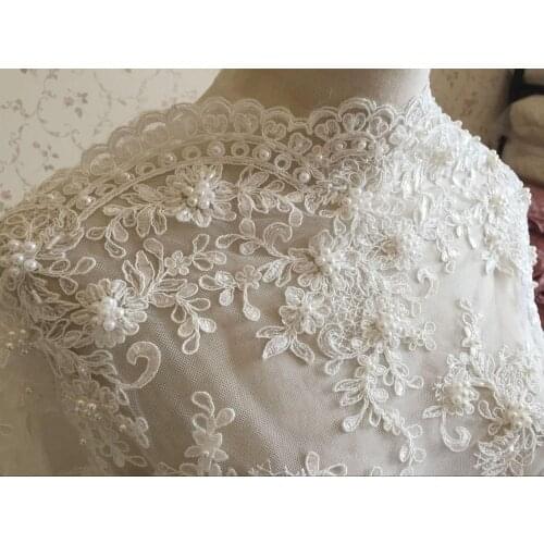 Ivory Alencon Lace Fabric Floral Pearl Beaded Sequined Wedding Lace Fabric Dress Coat Fabric 15.74 Inches Wide 1 Yard