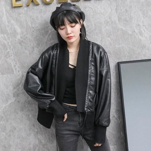 Faux PU Leather Jacket Women 2021 Autumn Spring Fashion Drawstring Knit Stitching Long Sleeves Black Off-white Cardigan Jacket