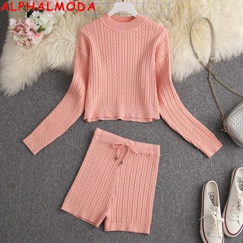 ALPHALMODA 2020 Autumn Winter New Arrived Women Long-sleeved Sweater + Shorts 2pcs Suit Solid Twisted Fashion Lounge Wear Set