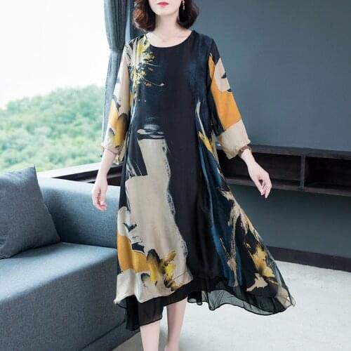 Imitate Silk dresses female summer new loose temperament Slim printed long dress large size M-4XL fashion elegant vestidos