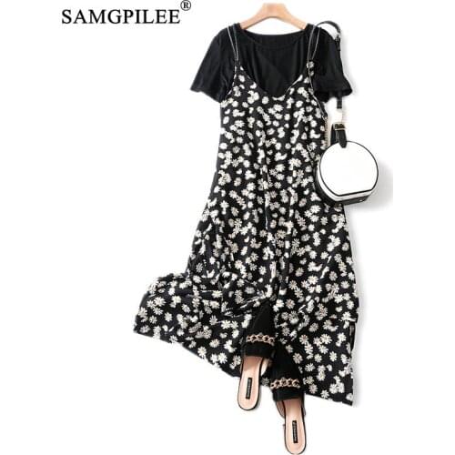 Womens Dresses 2020 Summer Casual A-line Print Tshirt And Print Dress Ruffles Mid-calf O-neck Summer Dresses For Women 3XL 4XL