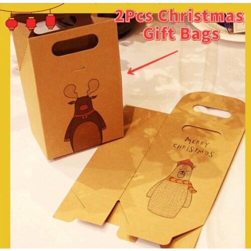 2Pcs Christmas Gift Bags Packaging Kraft Paper Bag with Handles for Xmas Party Supplies Handbags Candy Cookies Bags Xmas Decor
