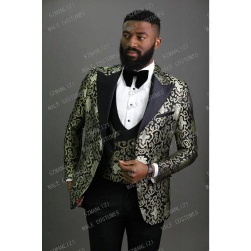 2020 Popular Design Classic Gold Jacquard Men Wedding Tuxedos Peaked Lapel Groom Tuxedos Men Dinner/Party Dress 3 Piece Suits