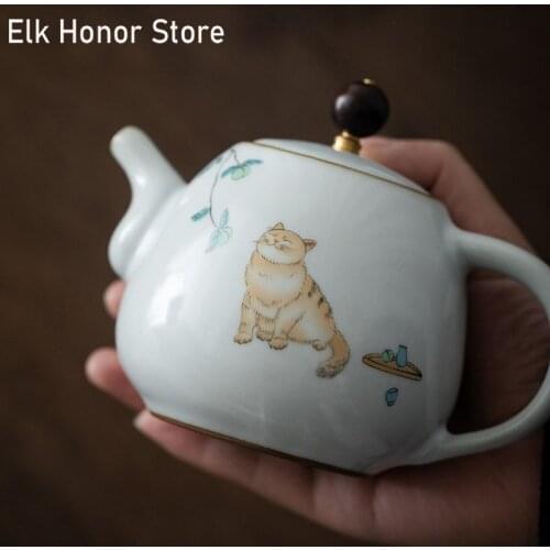 280ml Ru Kiln Ceramic Terapots Handmade Cat Teakettle Kung Fu Tea Single Pots Household Teaware Maker Office Decoration Gift