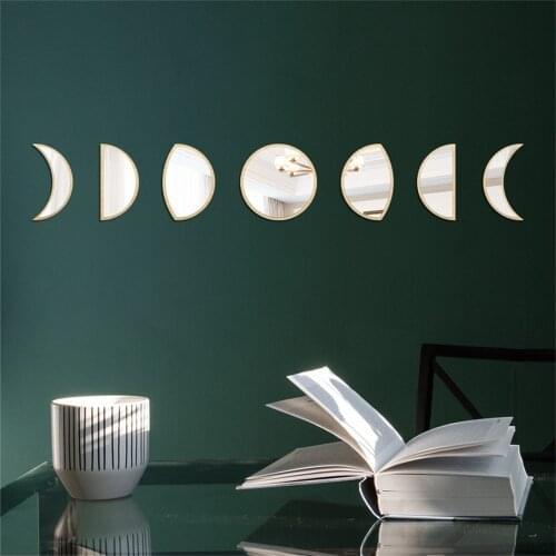 7Pcs Nordic Style Wooden Decorative Mirror Moon Phase Variation Mirror Wall Stickers Bedroom Acrylic Mirror DIY Decor Mirrors