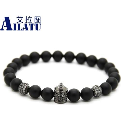 Ailatu 8mm Natural Black Matte Stone Beads and Micro Pave CZ Double-face Hero Spartan Helmet Bracelet Pulseira Hombres