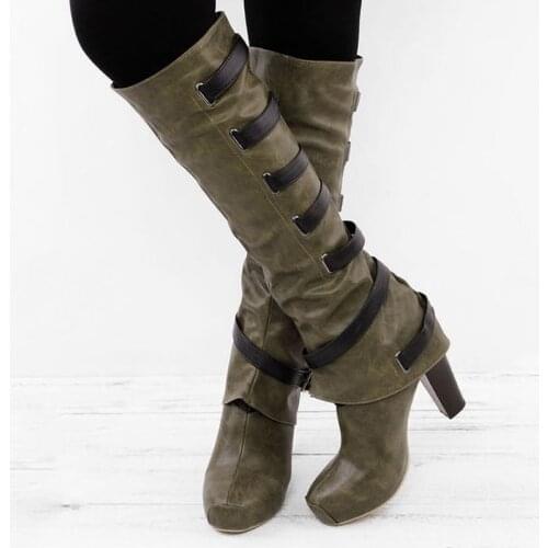 Over The Knee High Spike Heels Buckle Boots Women Western Army Green Chelsea Cowboy Boots Woman Knight Long Boots Big Size 43Eu