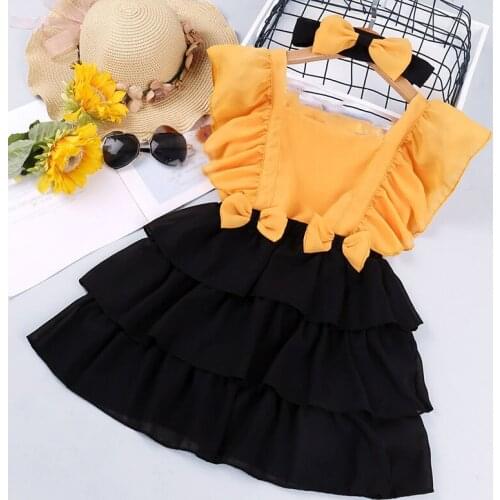 ChildrenS Clothing 2021 Summer New Girls Mini Dress Fashion Lace Sleeves Bow Stitching Cake Princess Dress For Kids 2-6Y