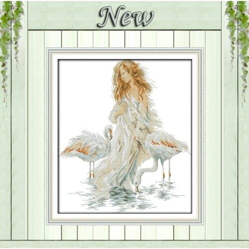Seaside Girl crane beauty girl painting counted print on the canvas DMC 11CT 14CT kits DIY Cross Stitch embroider needlework Set