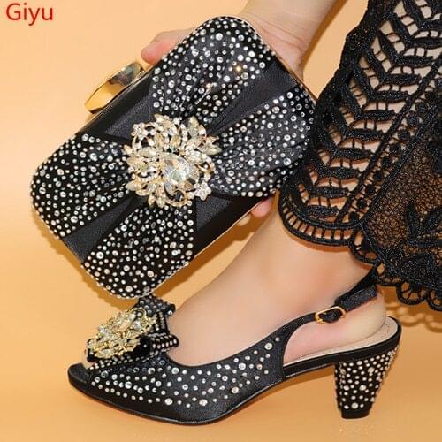 Doershow fashion italian black shoes and bag set wholesale 2019 women wedding shoes and matching purse for women party! HLO1-13