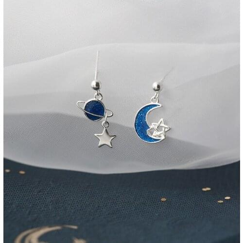 Blue Star Moon Dangle Earrings Planet For Women Asymmetrical Korean Fashion Punk Hip Hop Hot Female Jewelry Accessories BOYULIGE