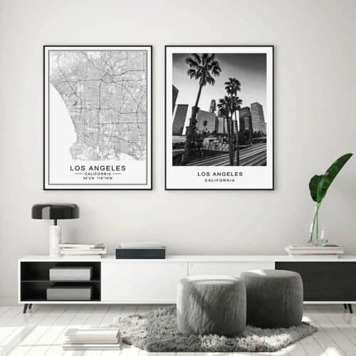 Los Angeles City Map Modern Building Landscape Canvas Painting Poster Print Black White Wall Art Pictures Living Room Home Decor